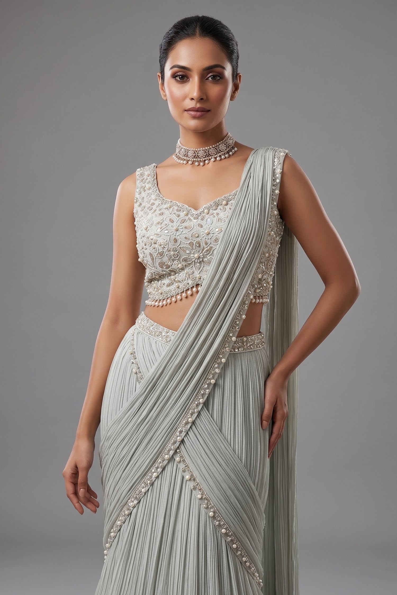 Light Mint Green Satin Embellished Crop Top Lehenga Set with Attached Dupatta and Long Shurg Secondary image
