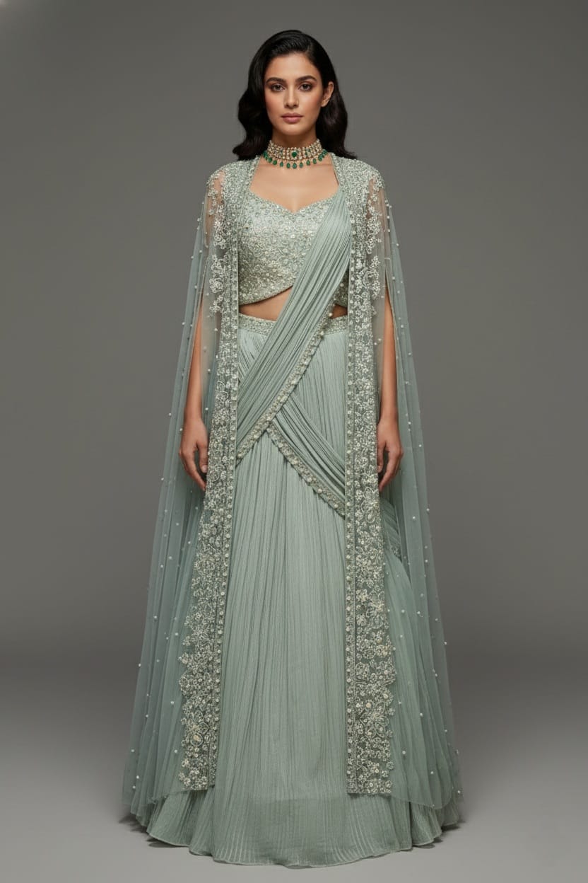 Light Mint Green Satin Embellished Crop Top Lehenga Set with Attached Dupatta and Long Shurg Main image