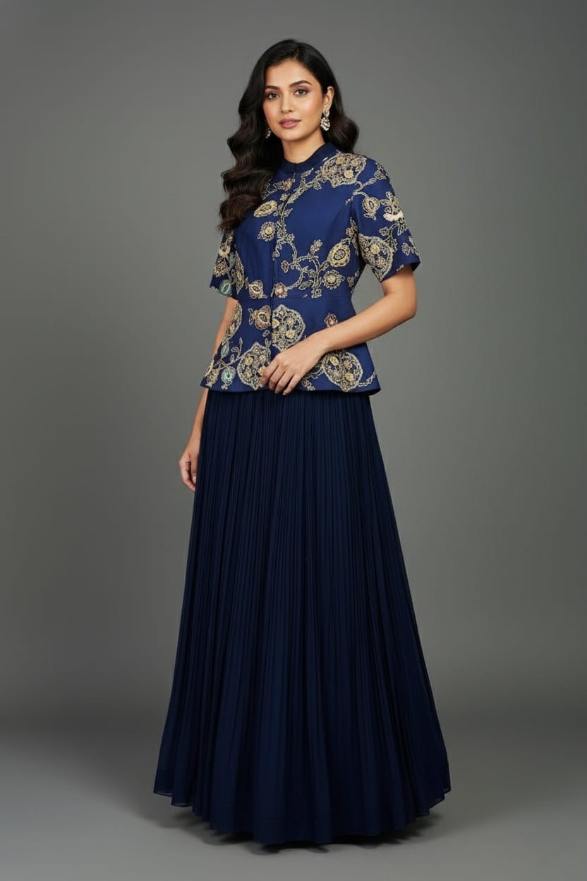 Navy Blue Silk Peplum Lehenga Set with Printed and Sequin Work Main image