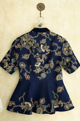 Navy Blue Silk Peplum Lehenga Set with Printed and Sequin Work