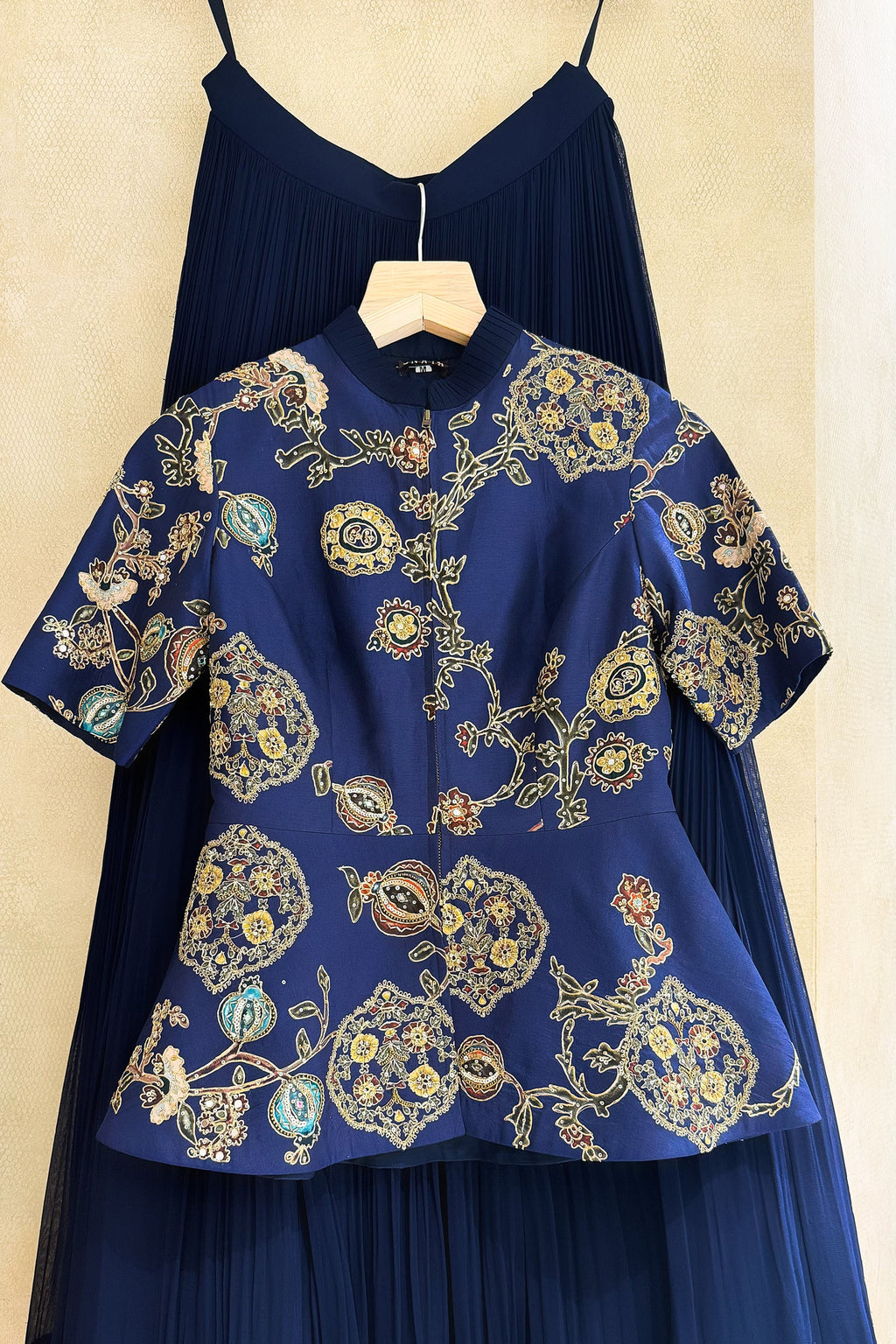 Navy Blue Silk Peplum Lehenga Set with Printed and Sequin Work
