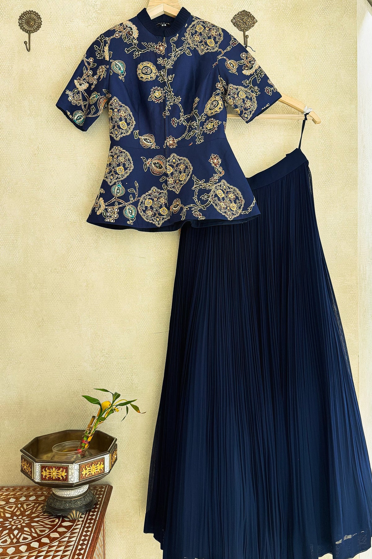 Navy Blue Silk Peplum Lehenga Set with Printed and Sequin Work