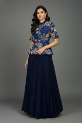 Navy Blue Silk Peplum Lehenga Set with Printed and Sequin Work