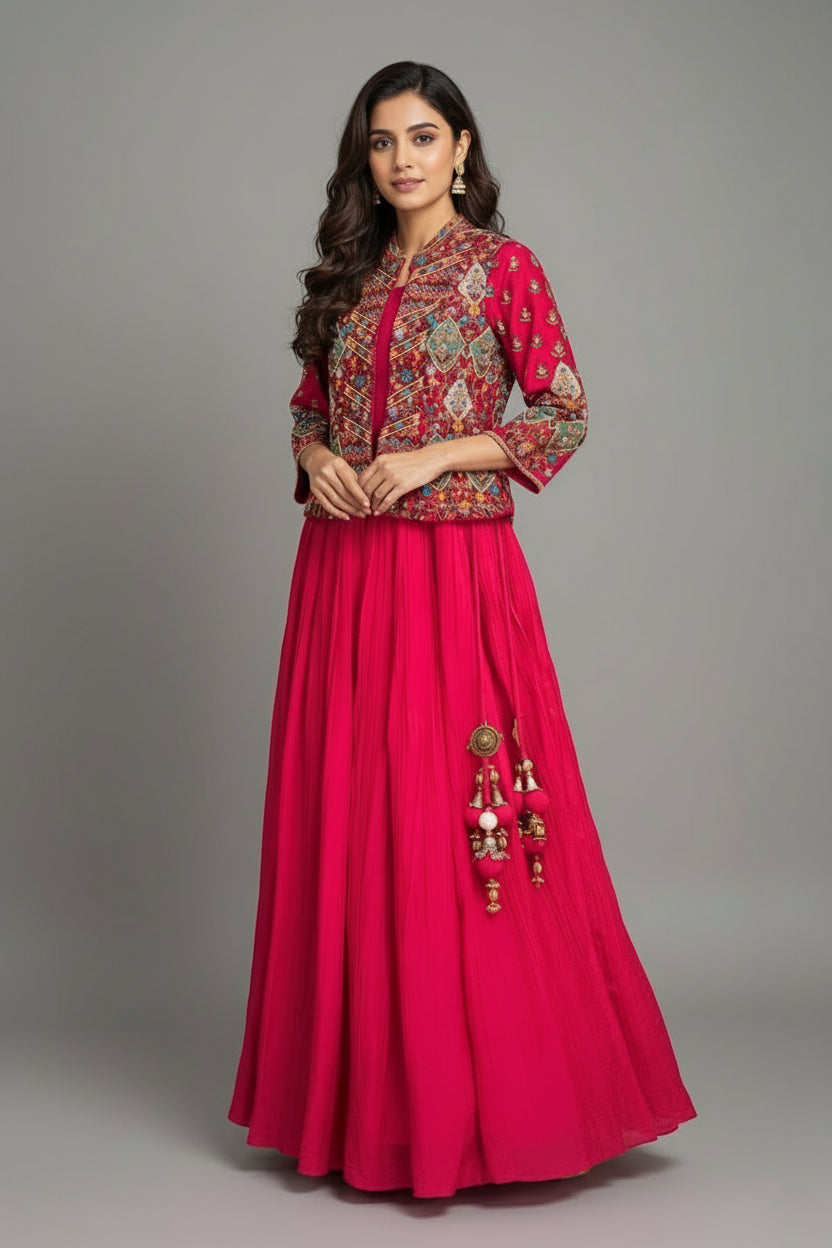 Pink Silk Floral Embroidered Top and Lehenga Set Main image