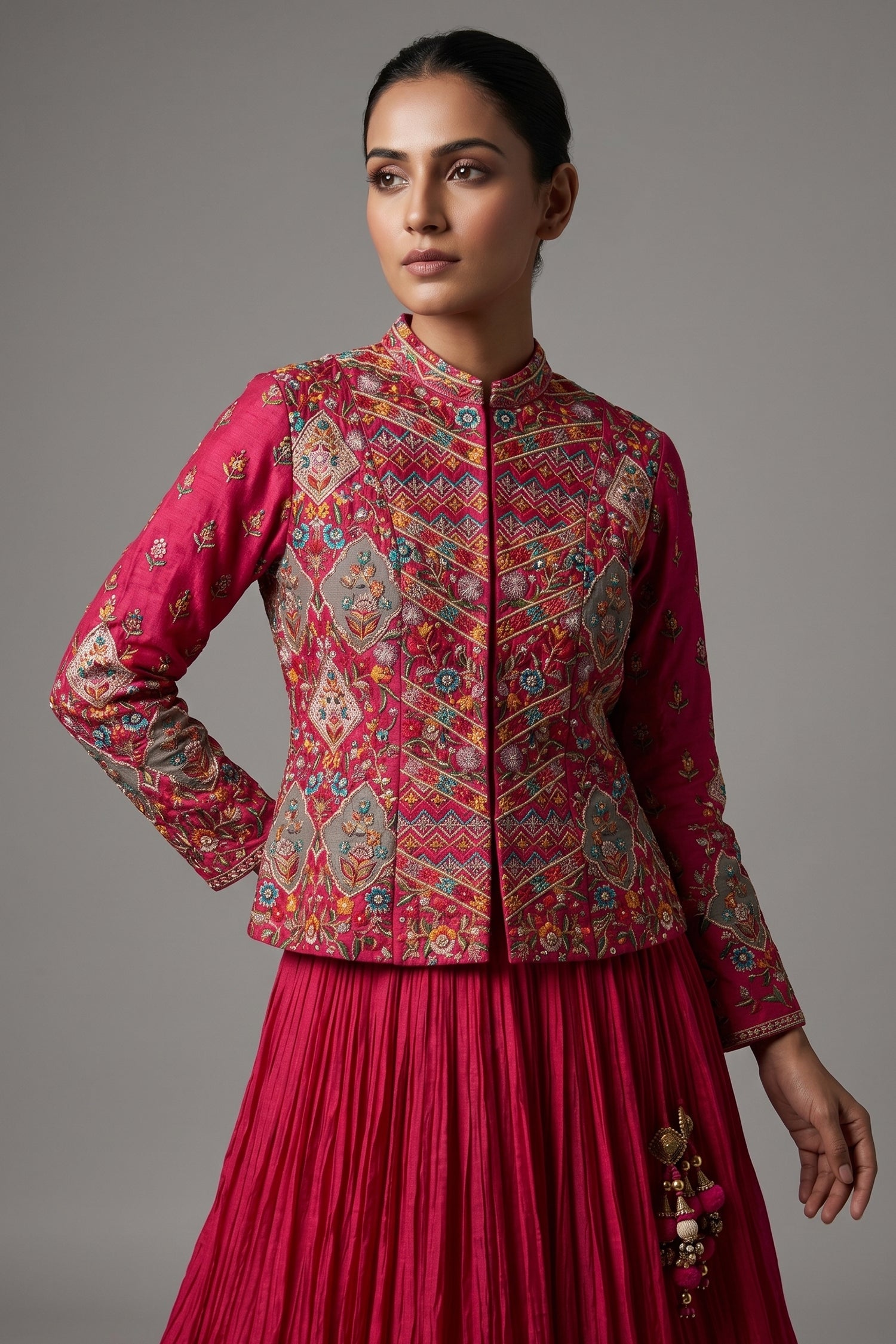 Pink Silk Floral Embroidered Top and Lehenga Set Secondary image