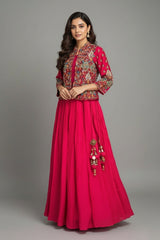 Pink Silk Floral Embroidered Top and Lehenga Set