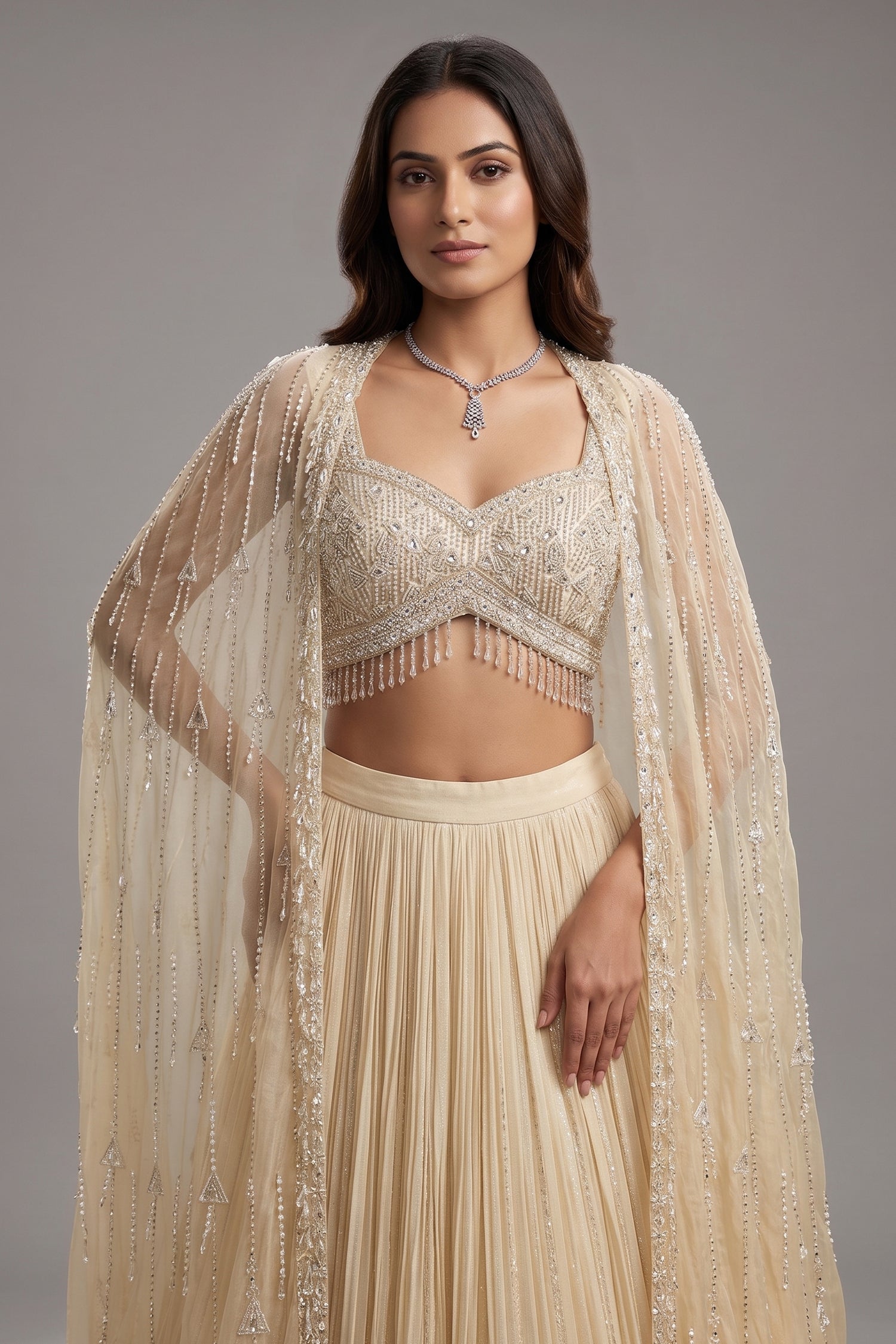 Ivory White Net Embellished Crop Top Lehenga with Long Shrug Secondary image