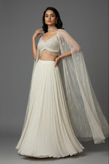 Ivory White Net Embellished Crop Top Lehenga with Long Shrug