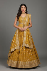 Mustard Chinon Embellished Sequin Cutdana Worked Slit Cut Peplum Top with Lehenga