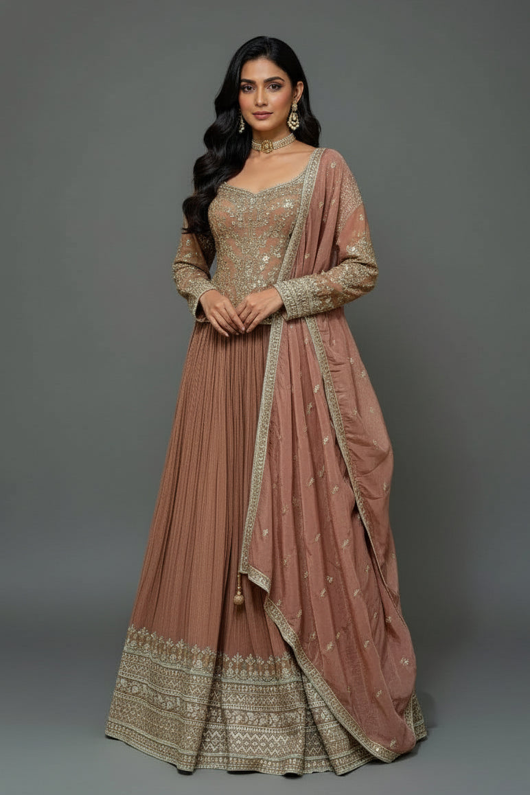 Brown Embellished Sequin Cutdana Worked Peplum Top with Lehenga - plum saree