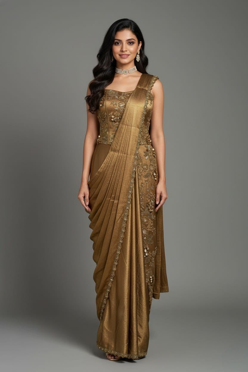 Golden Satin Embroidered Draped Saree Dress - red satin saree embroidered Main image