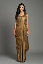 Golden Satin Embroidered Draped Saree Dress - red satin saree embroidered