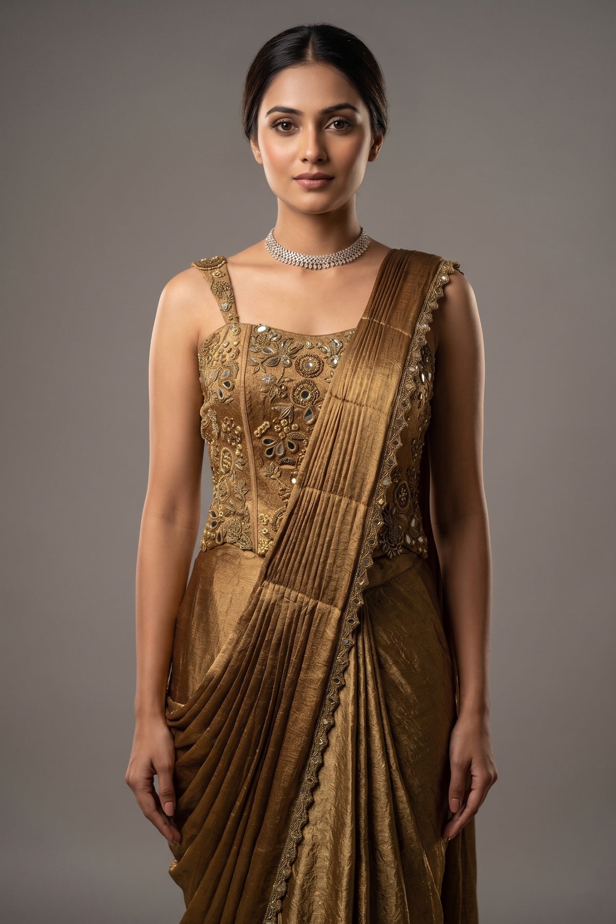 Golden Satin Embroidered Draped Saree Dress - red satin saree embroidered
