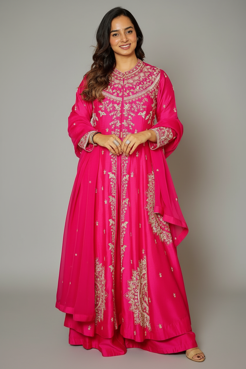 Pink Raw Silk Beaded High Slit Cut Palazzo Suit - pink silk saree Main image
