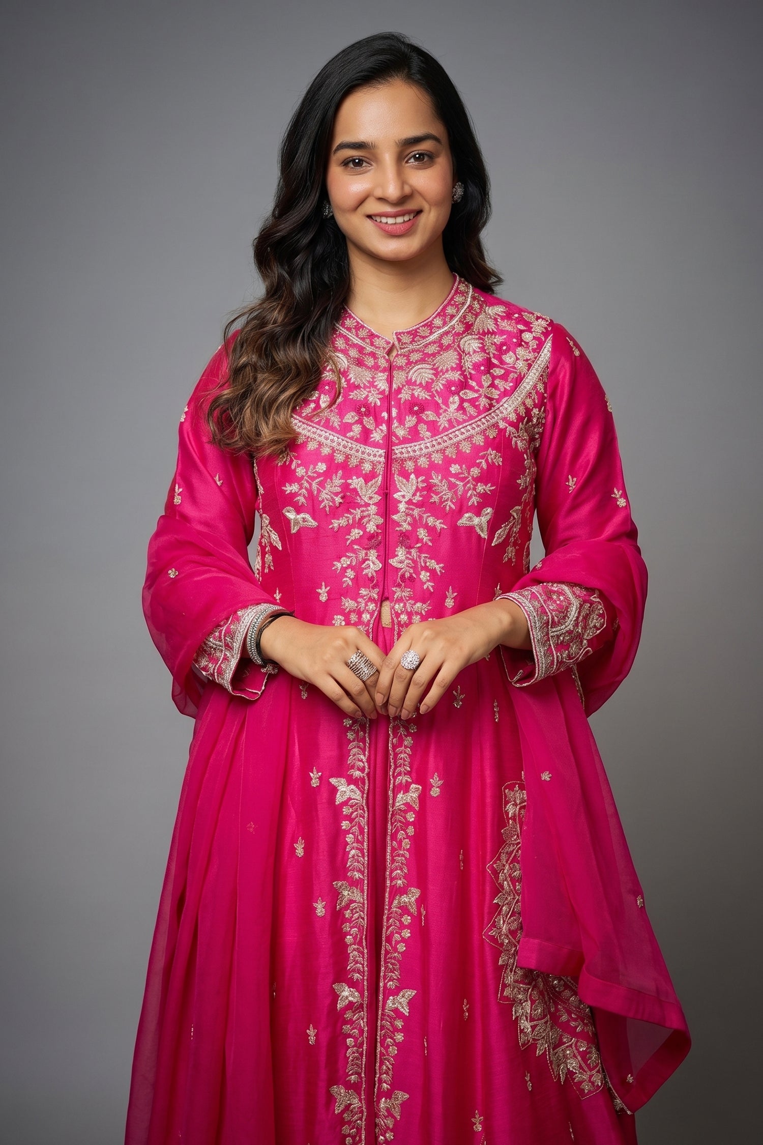 Pink Raw Silk Beaded High Slit Cut Palazzo Suit Secondary image