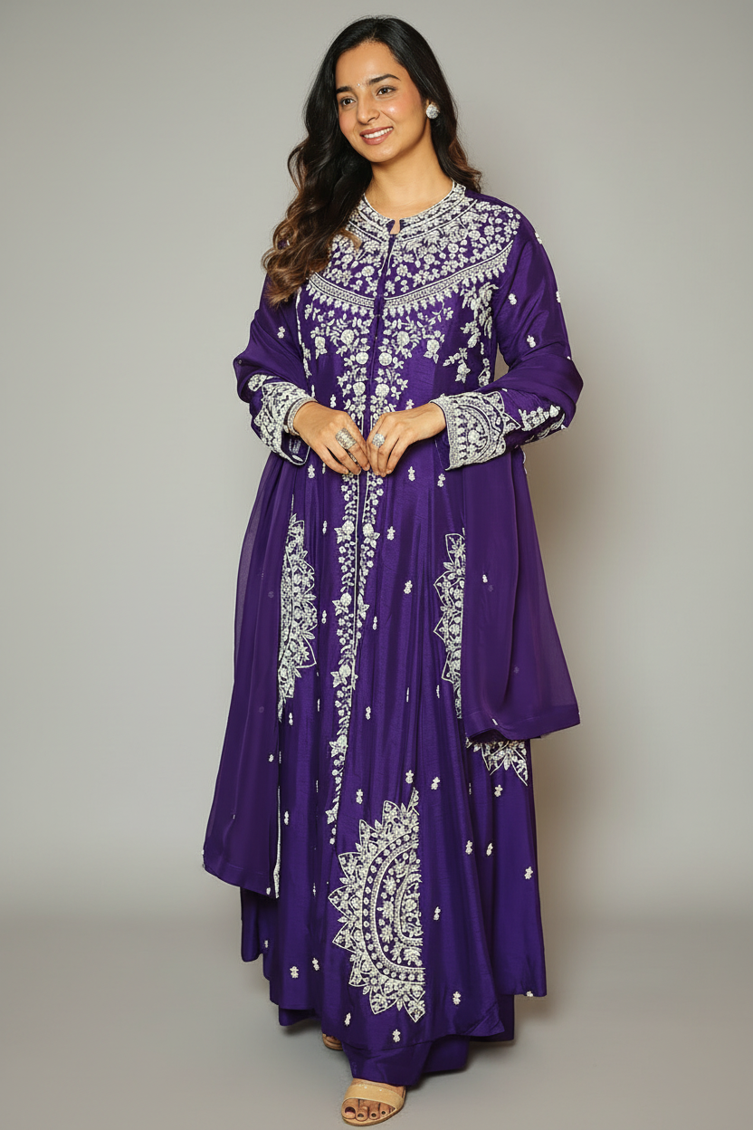 Violet Purple Raw Silk High Slit Cut Beaded Palazzo Suit - purple silk saree Main image