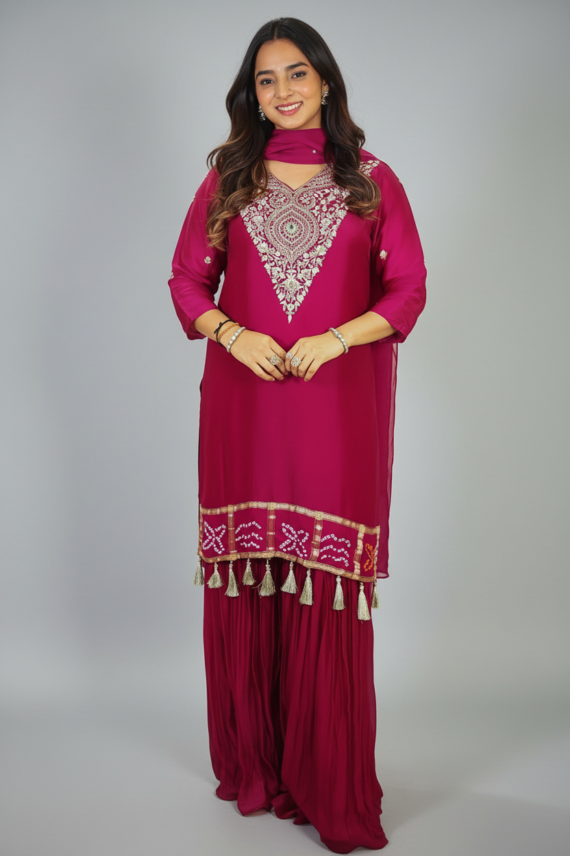 Magenta Gaji Silk Zardosi Sequin Worked Sharara Suit - magenta silk saree Main image