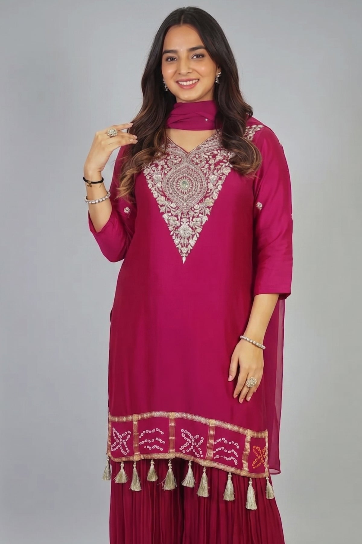 Magenta Gaji Silk Zardosi Sequin Worked Sharara Suit - magenta silk saree