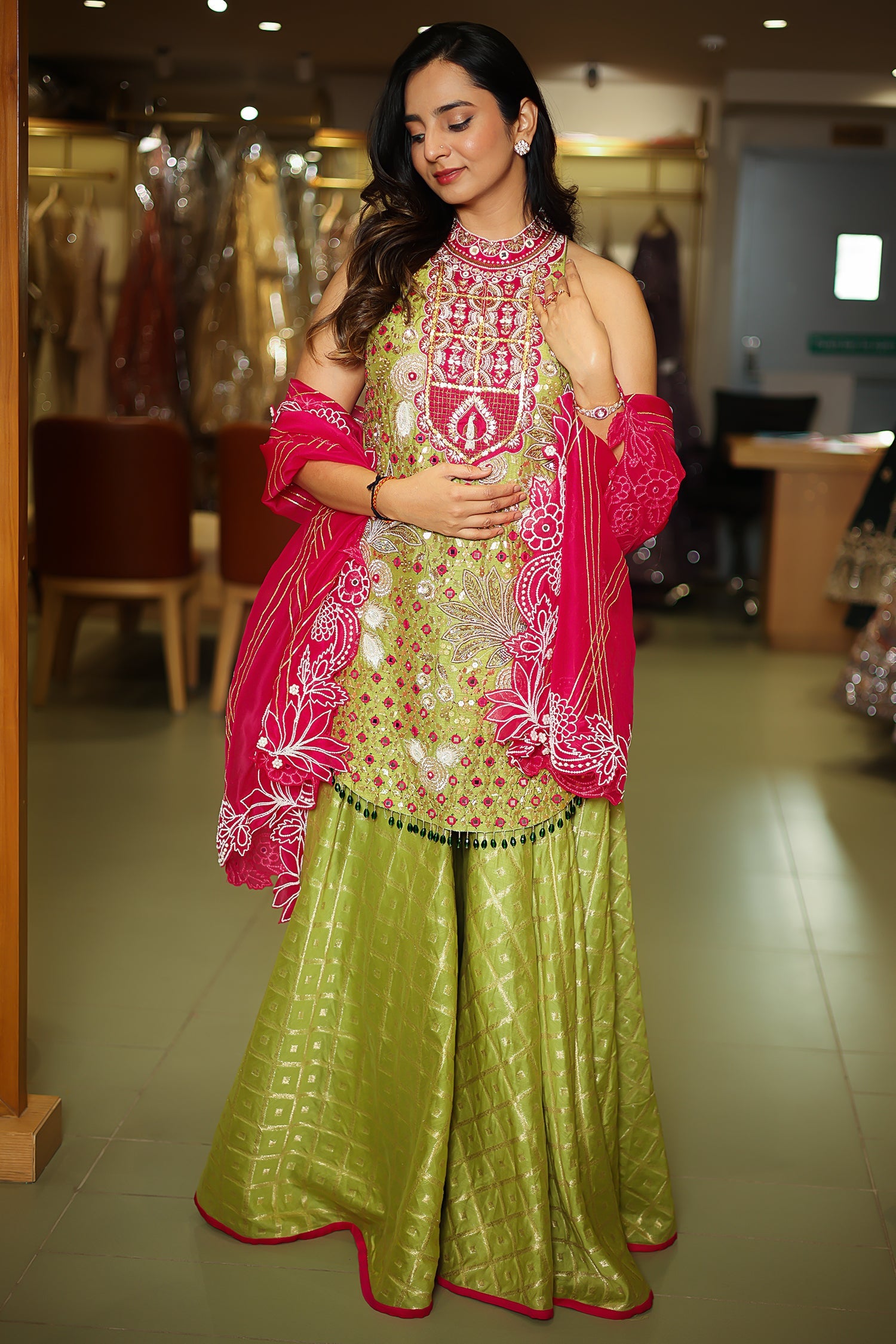 Mehendi Green Raw Silk Mirror and Beads Work Halter Neck Palazzo Suit - green silk saree mehendi