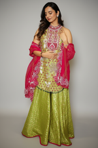 Mehendi Green Raw Silk Mirror and Beads Work Halter Neck Palazzo Suit - green silk saree mehendi