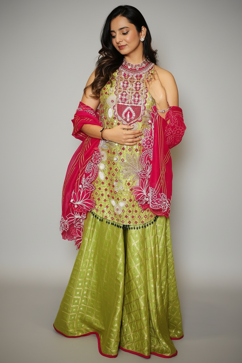 Mehendi Green Raw Silk Mirror and Beads Work Halter Neck Palazzo Suit - green silk saree mehendi