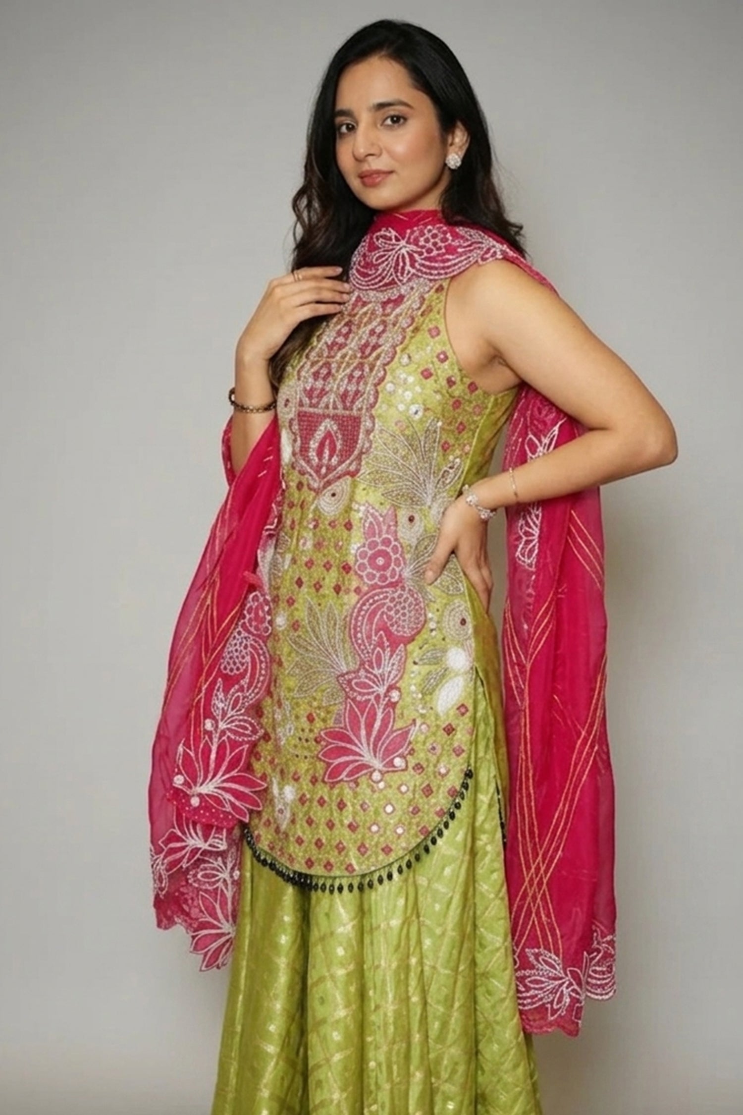 Mehendi Green Raw Silk Mirror and Beads Work Halter Neck Palazzo Suit Secondary image