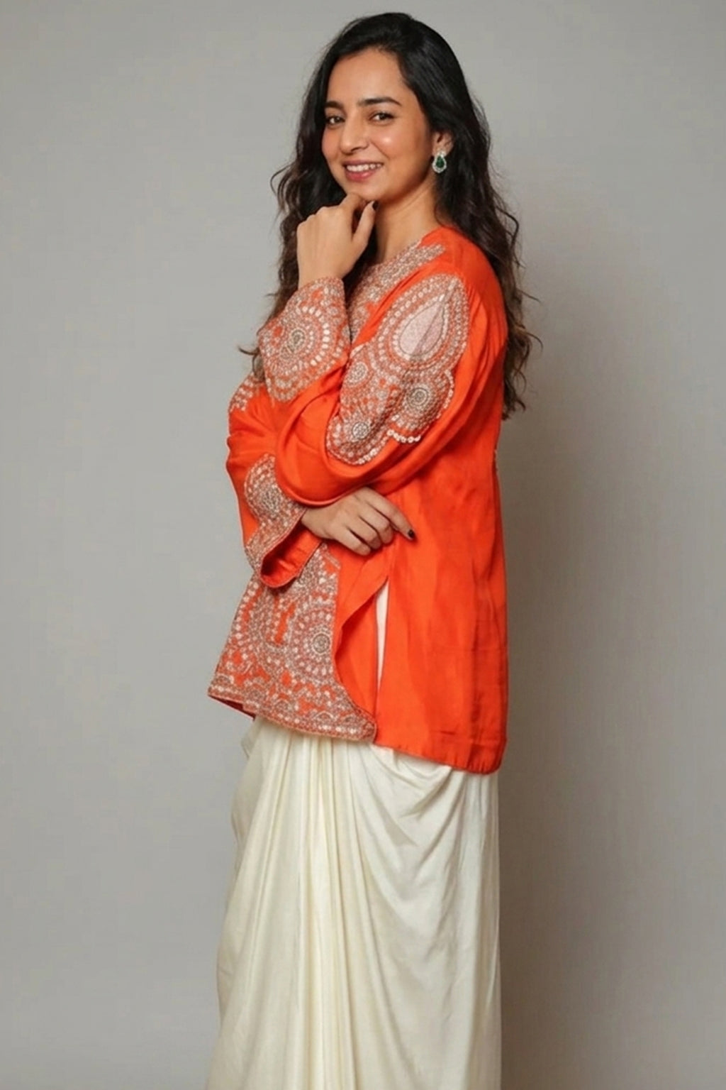 Orange Raw Silk Beaded and Gota Work Cape Top and Dhoti Skirt Set - orange silk saree