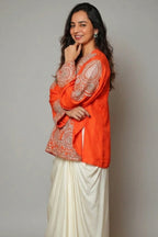 Orange Raw Silk Beaded and Gota Work Cape Top and Dhoti Skirt Set - orange silk saree
