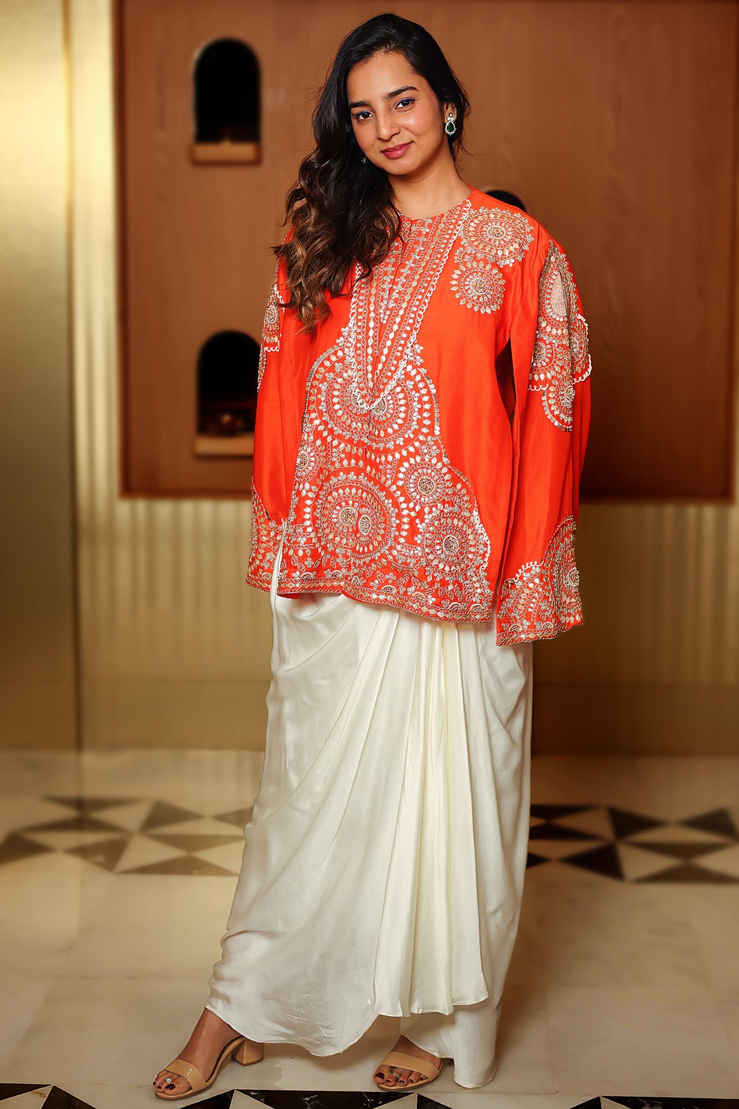Orange Raw Silk Beaded and Gota Work Cape Top and Dhoti Skirt Set - orange silk saree