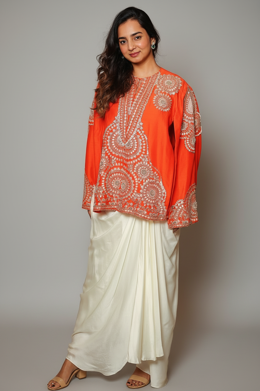 Orange Raw Silk Beaded and Gota Work Cape Top and Dhoti Skirt Set - orange silk saree