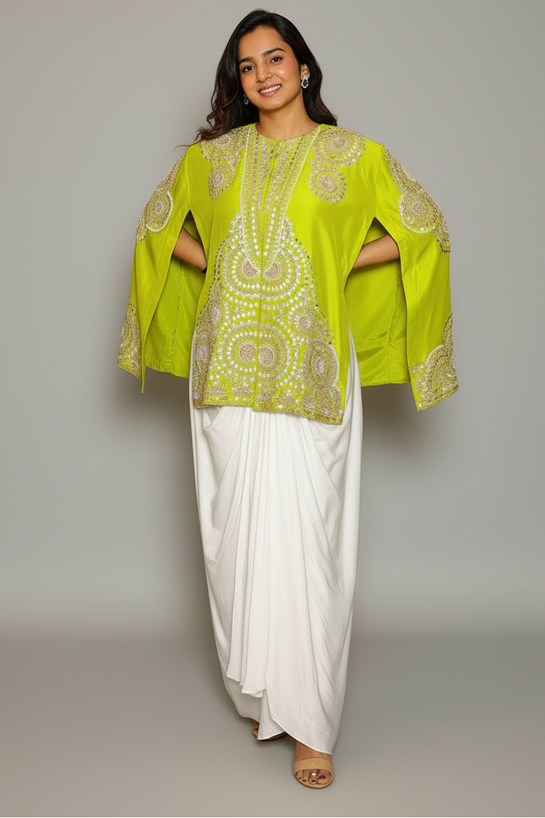 Parrot Green Raw Silk Beaded and Gota Work Cape Top and Dhoti Skirt Set - green silk saree