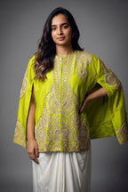 Parrot Green Raw Silk Beaded and Gota Work Cape Top and Dhoti Skirt Set - green silk saree