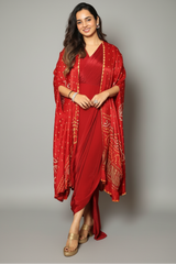 Maroon Satin Silk Draped Dress with Bandhej Cape Shrug
