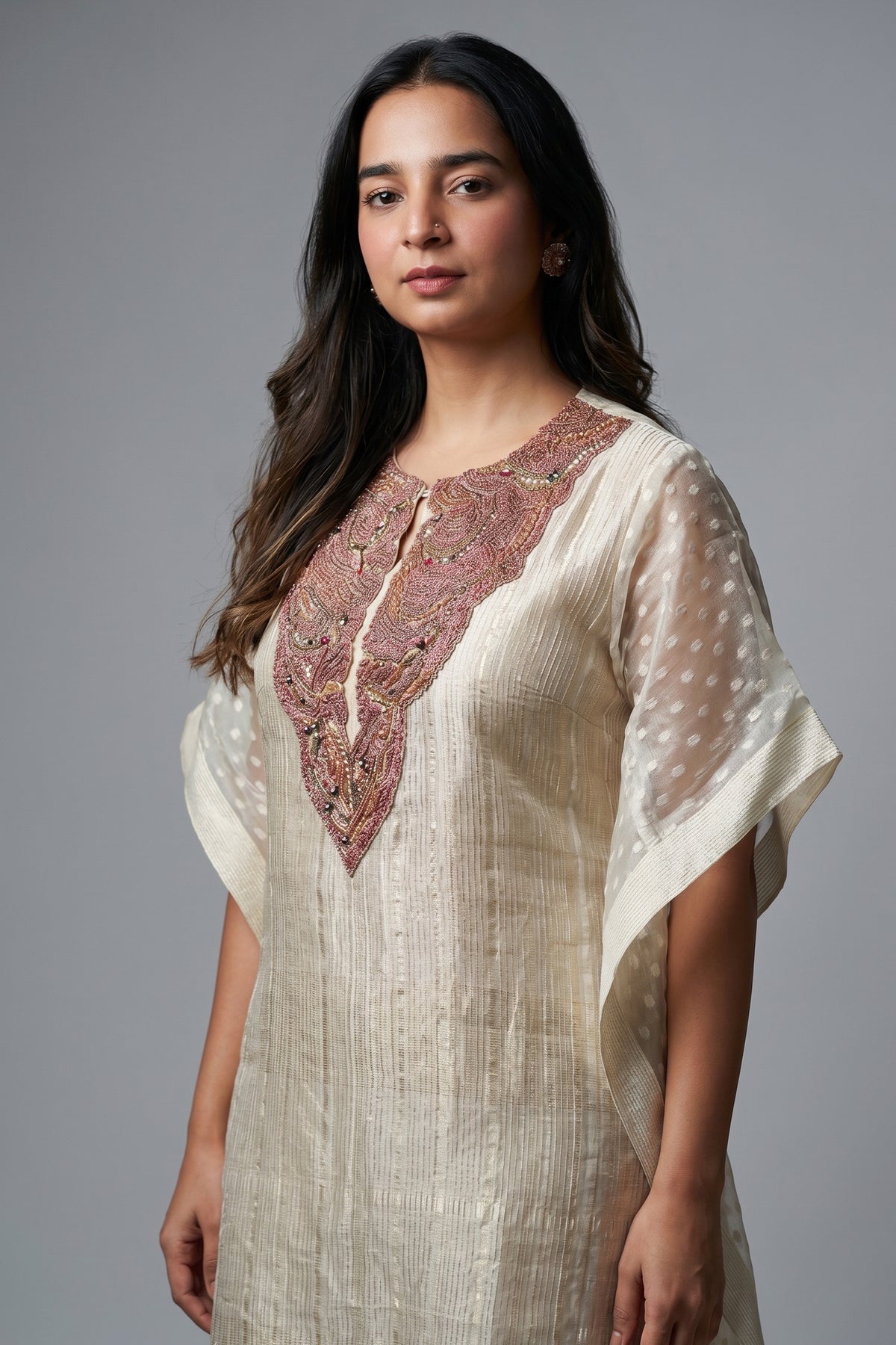 Ivory Beige Tissue Woven Stripes Kaftan Set with Beads and Embroidery Work - ivory saree embroidery