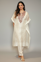 Ivory Beige Tissue Woven Stripes Kaftan Set with Beads and Embroidery Work - ivory saree embroidery