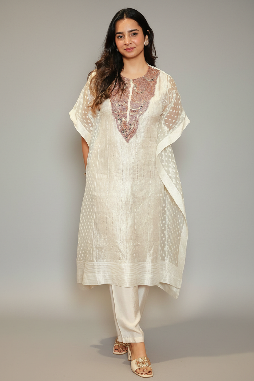 Ivory Beige Tissue Woven Stripes Kaftan Set with Beads and Embroidery Work - ivory saree embroidery