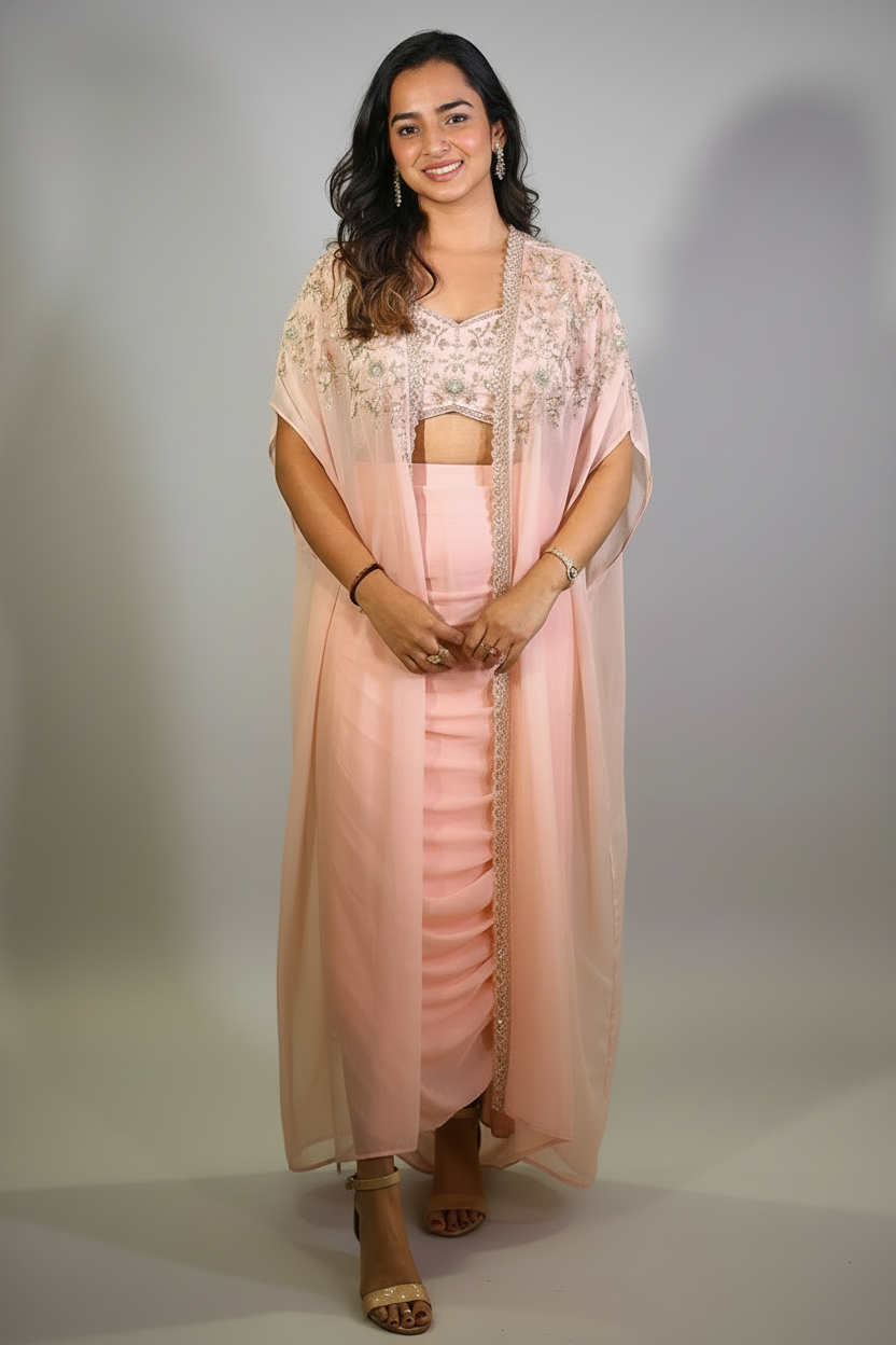 Baby Pink Silk Sequin Cutdana Crop Top Draped Skirt Set with Cape Jacket - pink silk saree