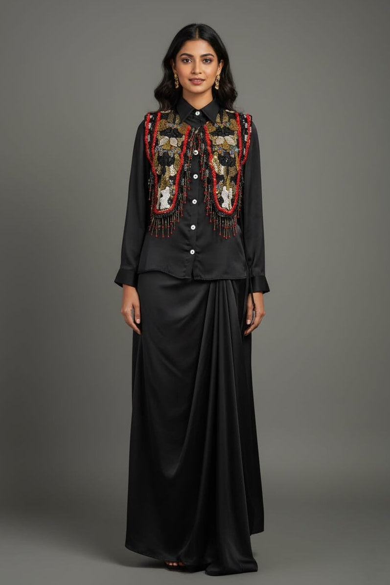 Black Satin Crepe Embellished Statement Shirt with Dhoti Skirt - black satin saree Main image