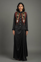 Black Satin Crepe Embellished Statement Shirt with Dhoti Skirt - black satin saree