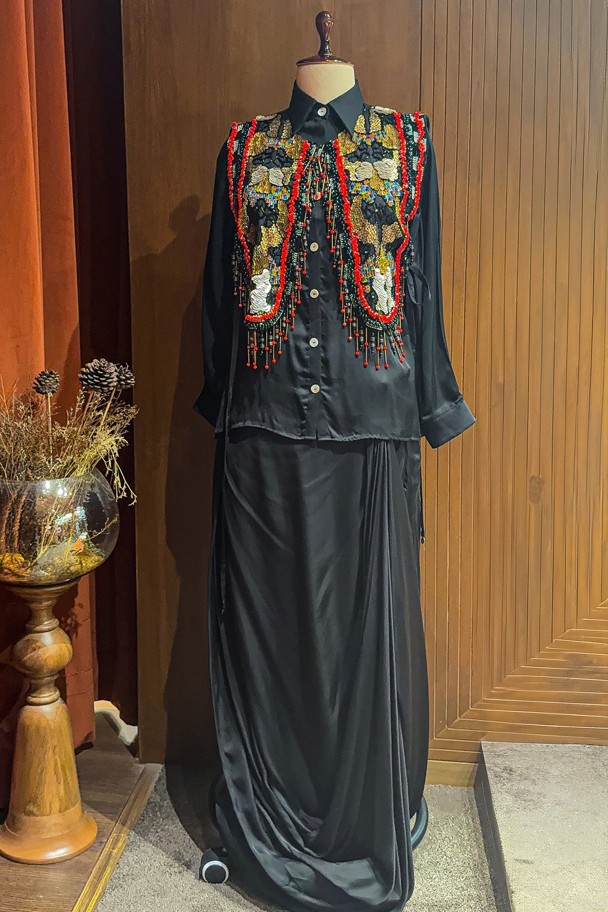 Black Satin Crepe Embellished Statement Shirt with Dhoti Skirt - black satin saree