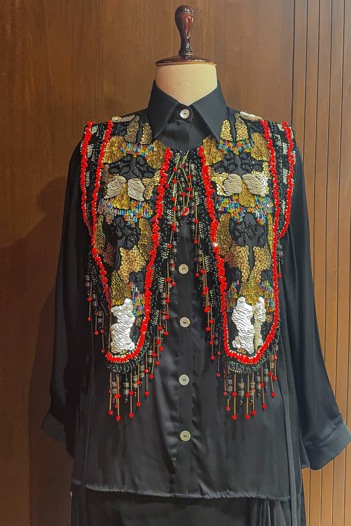 Black Satin Crepe Embellished Statement Shirt with Dhoti Skirt - black satin saree