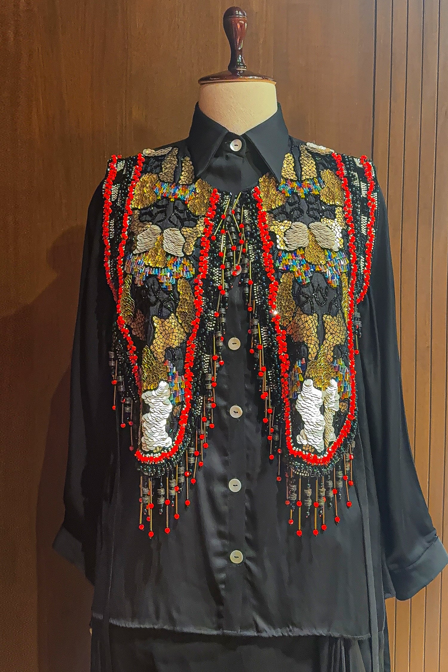 Black Satin Crepe Embellished Statement Shirt with Dhoti Skirt - black satin saree