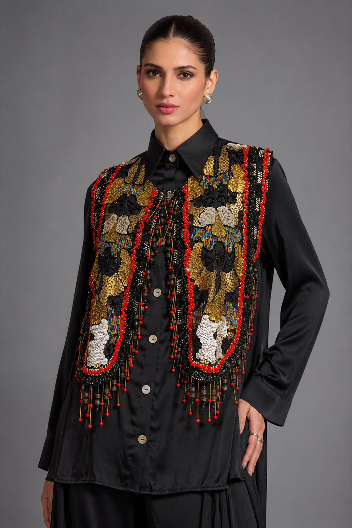 Black Satin Crepe Embellished Statement Shirt with Dhoti Skirt - black satin saree