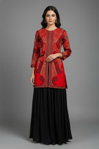 Red Raw Silk Embellished Sequin Beaded Top Palazzo Set - red silk saree