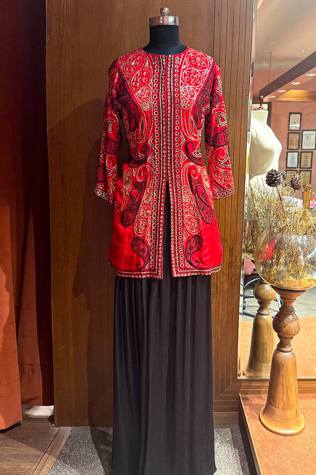 Red Raw Silk Embellished Sequin Beaded Top Palazzo Set - red silk saree