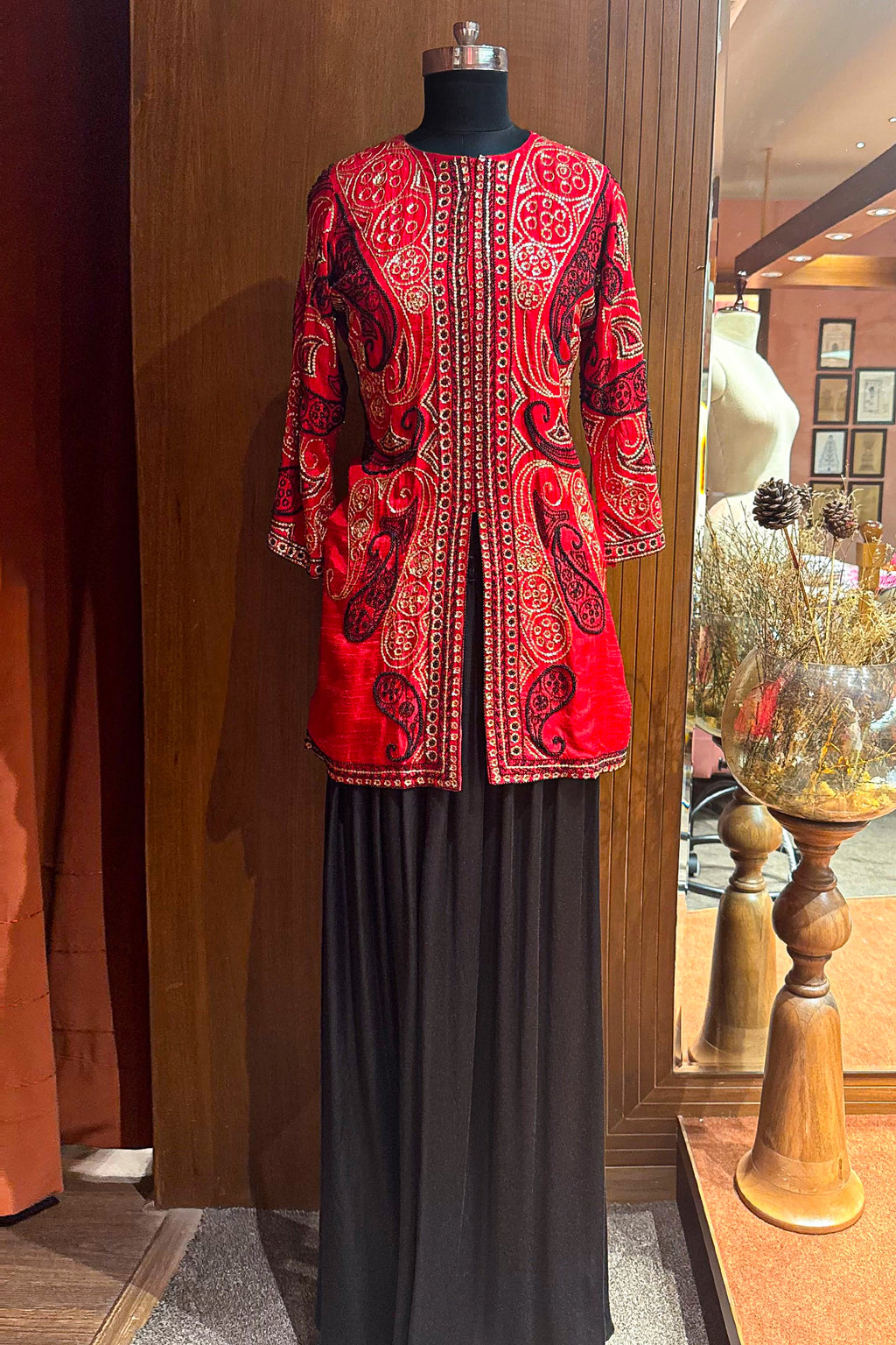 Red Raw Silk Embellished Sequin Beaded Top Palazzo Set - red silk saree