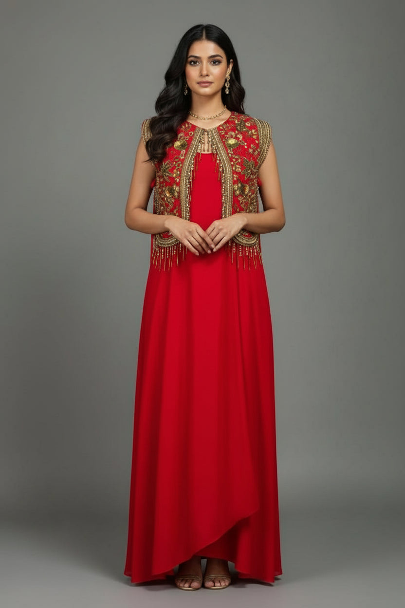 Red Satin Silk Dress with Embellished Jacket - red silk saree