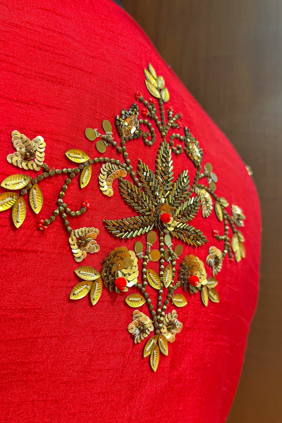 Red Satin Silk Dress with Embellished Jacket - red silk saree