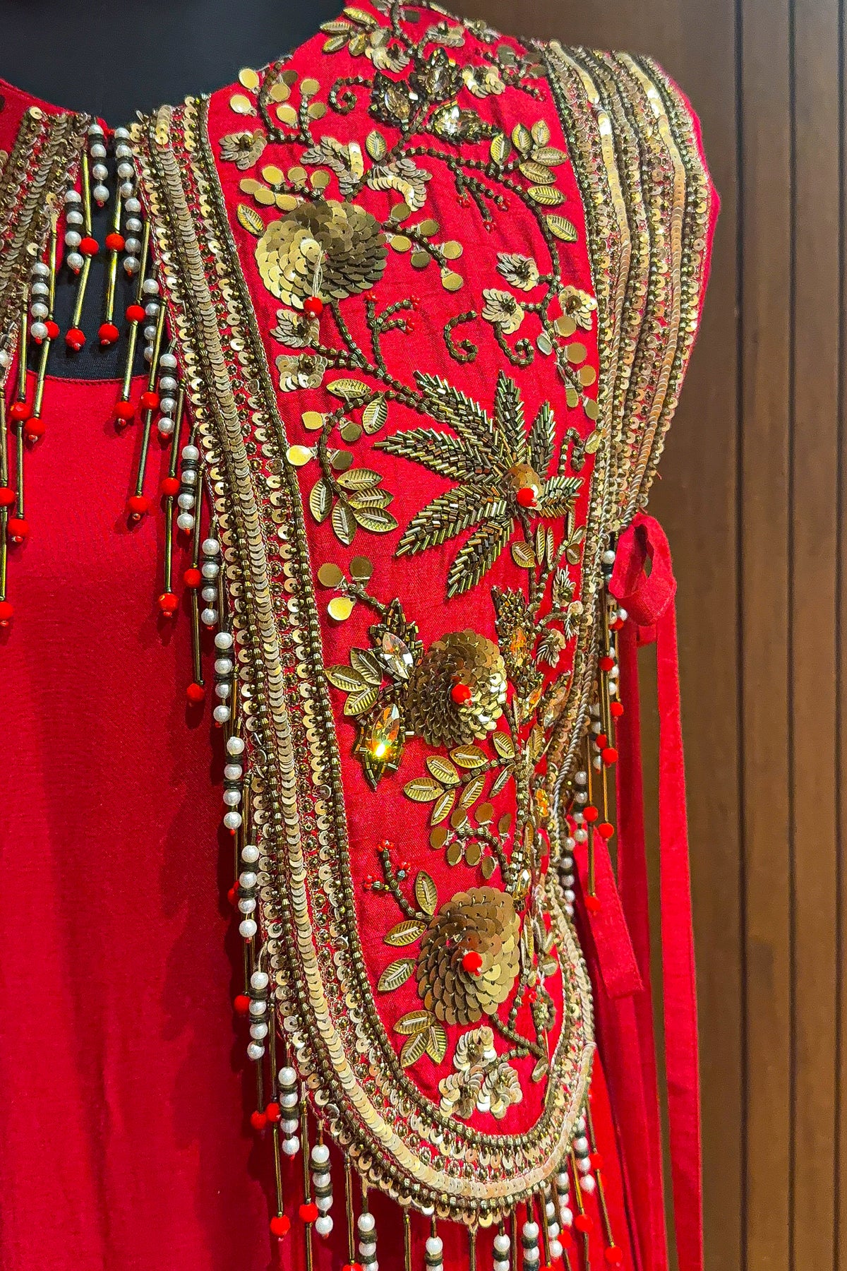 Red Satin Silk Dress with Embellished Jacket - red silk saree