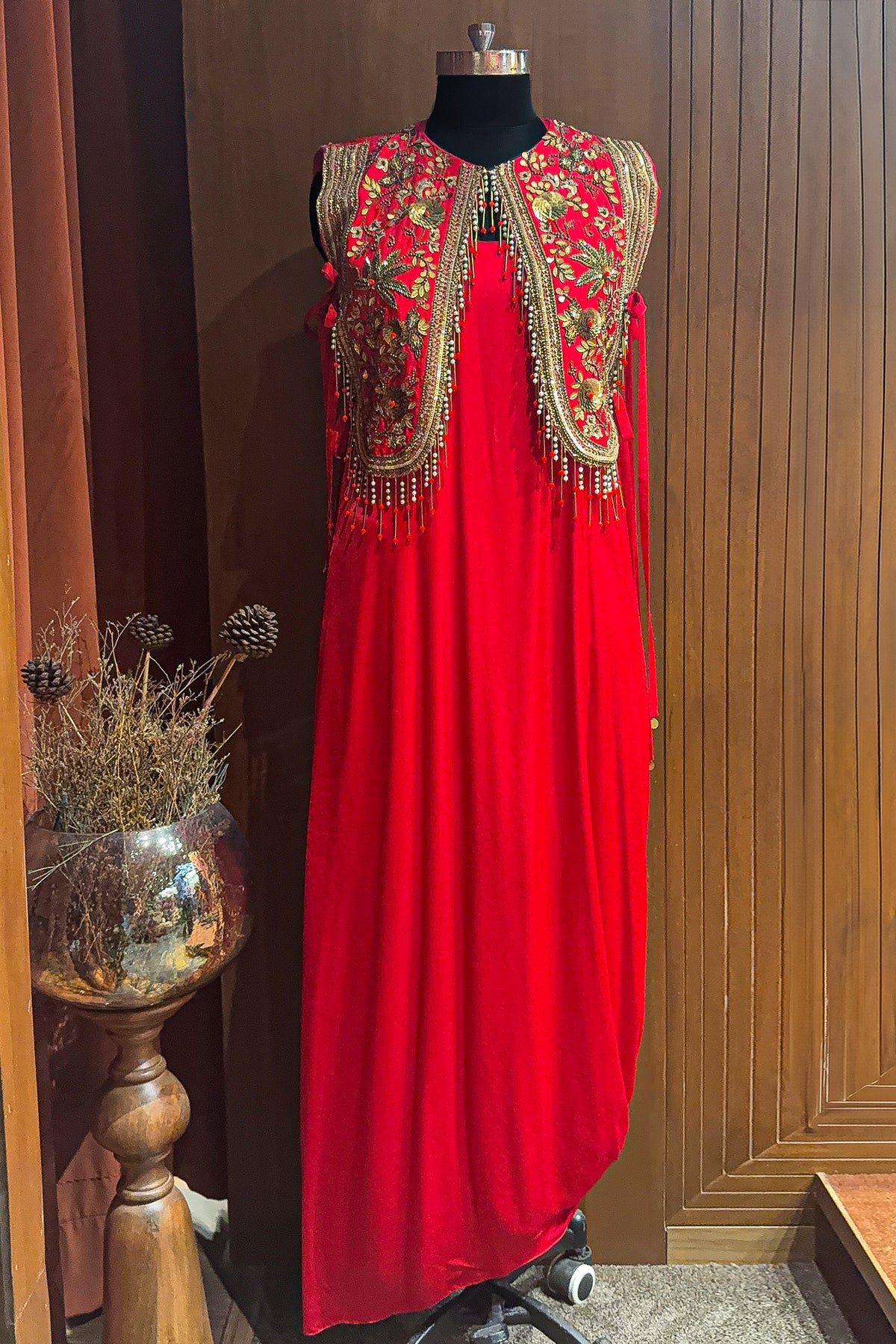 Red Satin Silk Dress with Embellished Jacket - red silk saree